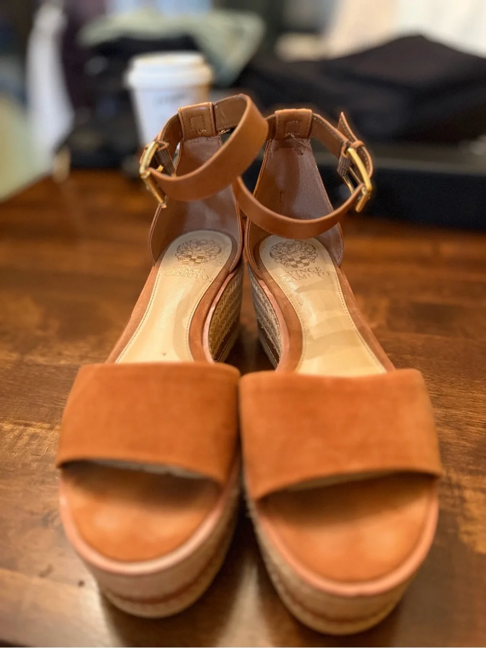 Vince Camuto Tan Suede Espadrille Wedge Sandals with Ankle Strap